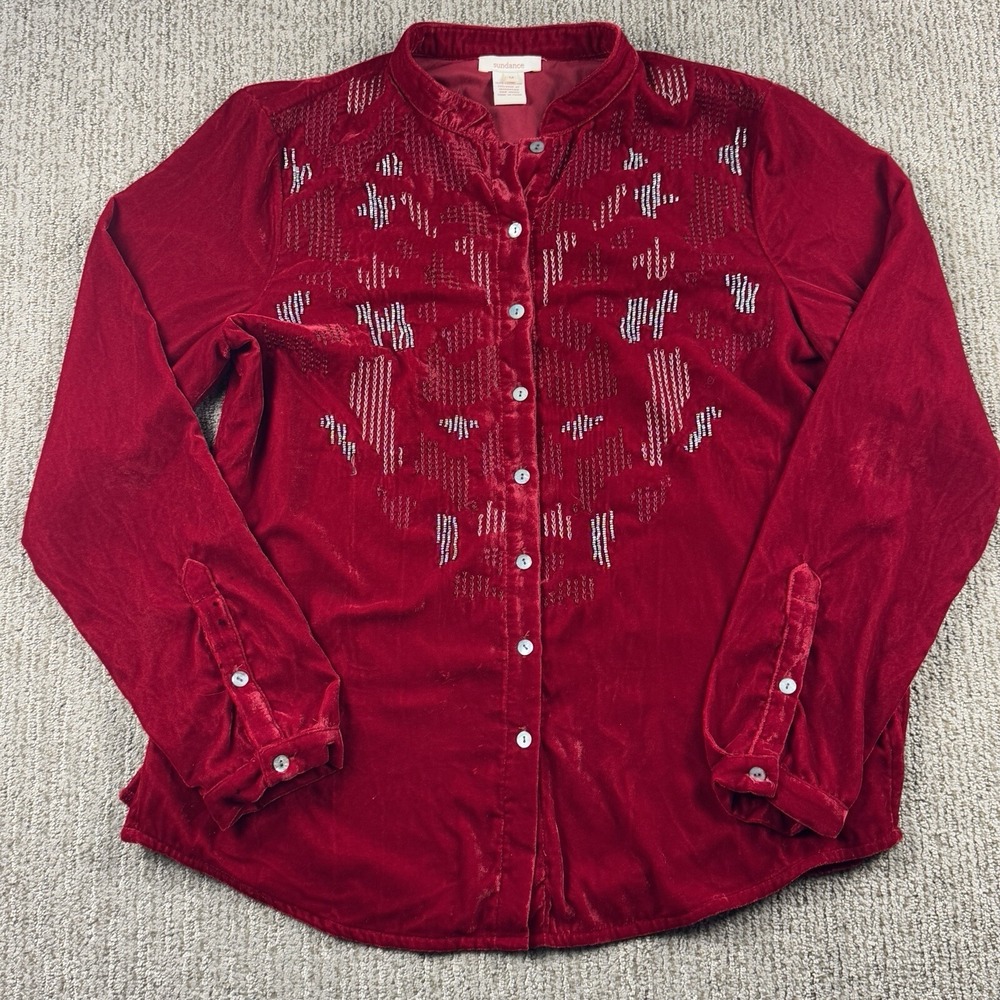 Sundance Womens M Embellished Button Up Velvet Shirt Blouse Red Velour Western